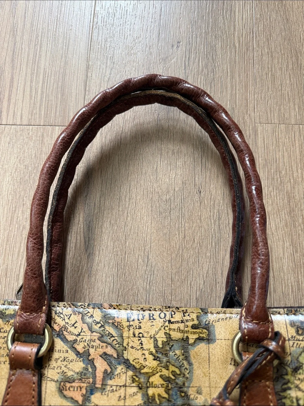 Patricia Nash Vintage Style Map Print Brown Tassel Tote Bag